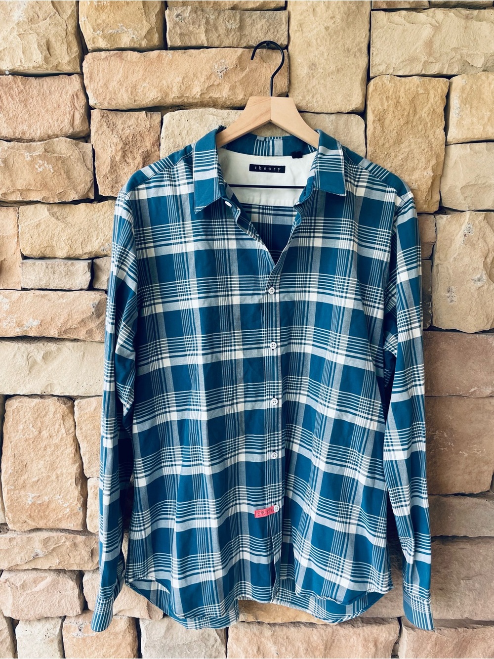Theory Blue and White Plaid Cotton Button-Down Shirt